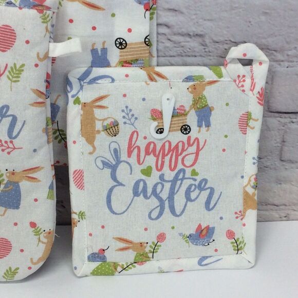 Happy Easter 3 Pc Kitchen Set Spring Pastel Blue Dish Towel/Pot Holder/Oven Mitt - Picture 8 of 9